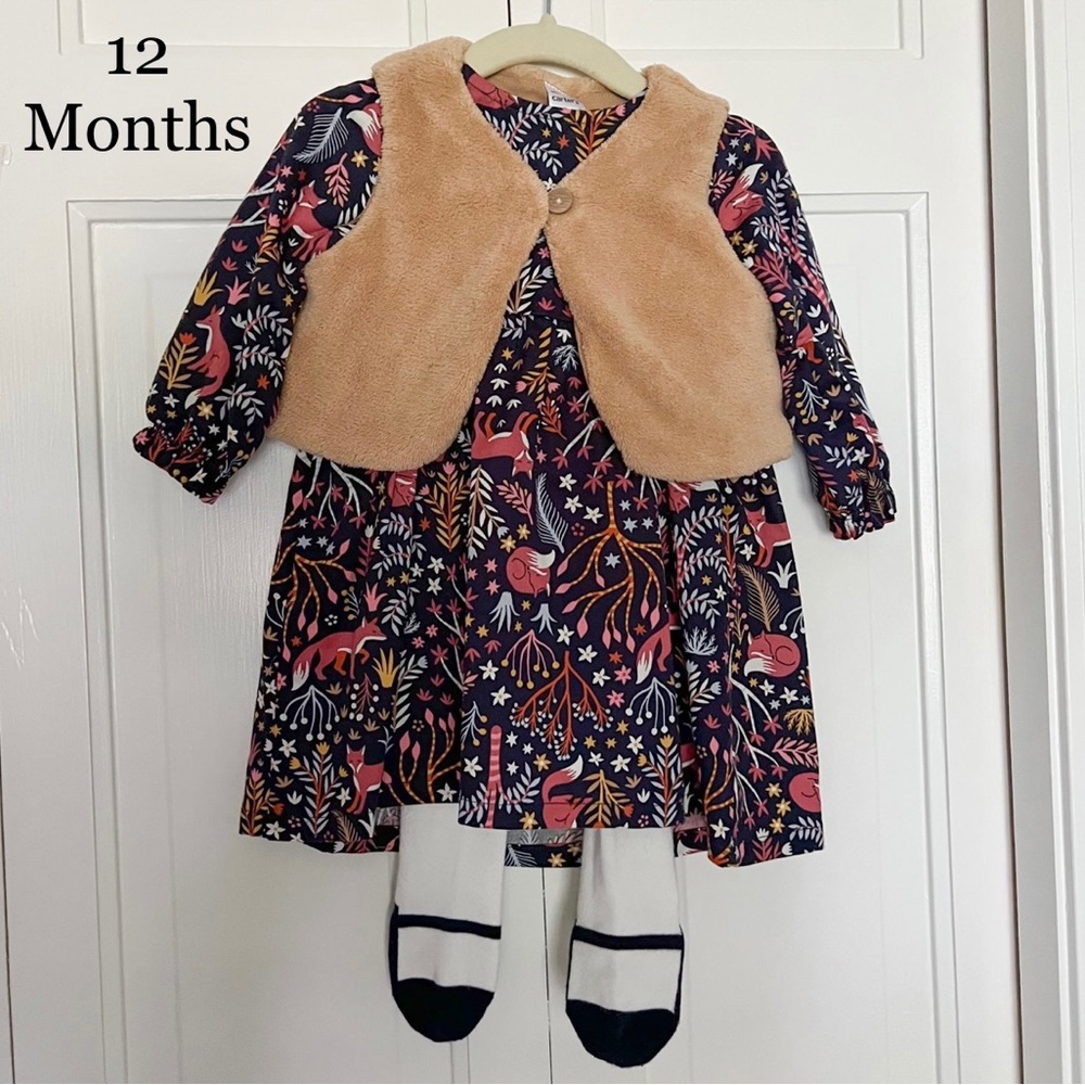 12 Month Carter’s Navy Blue Fox & Leaf Dress, Faux Fur Vest, & Tights